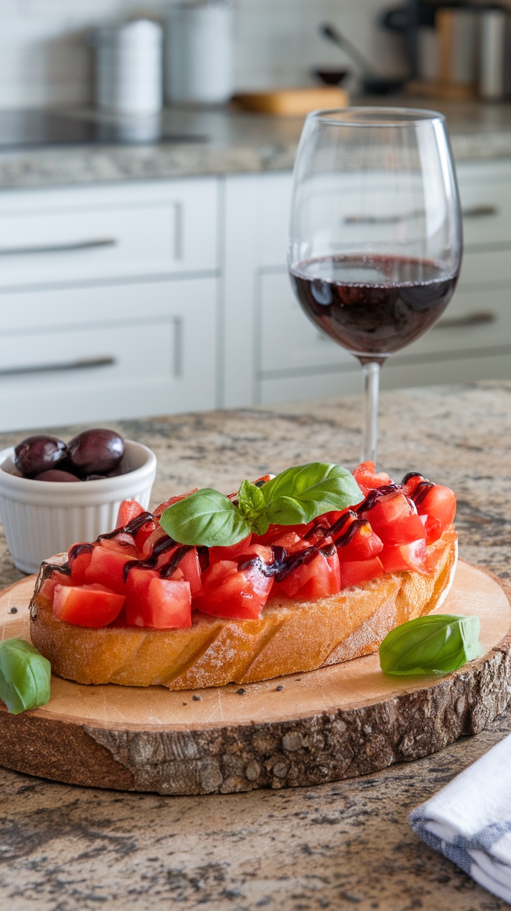 Platter of classic Italian bruschetta with tomatoes and basil, garnished with balsamic glaze on a wooden board.